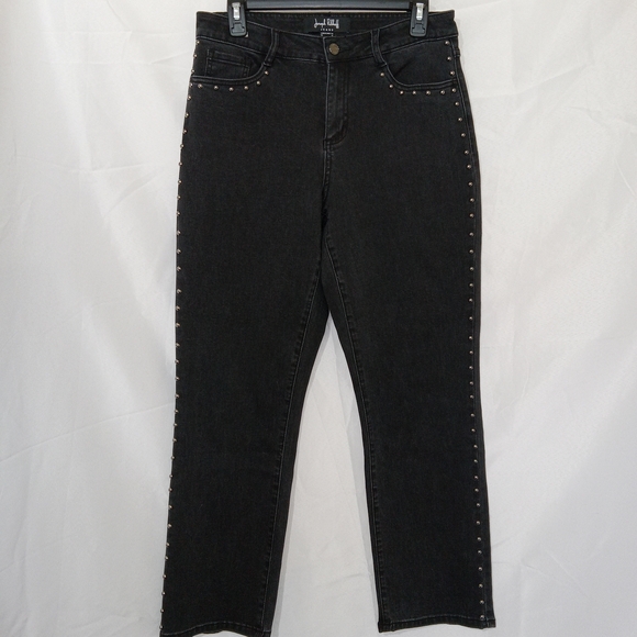 Joseph Ribkoff Straight Leg Jean w/ Studded Seams Black Light Flair Sz 10 Grunge - Picture 2 of 14